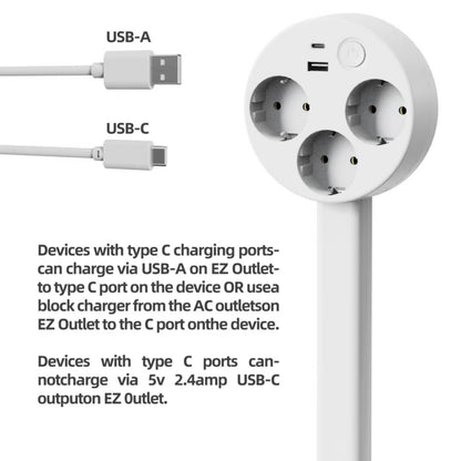 Extensor de tomada + Type-C + USB