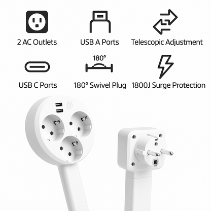 Extensor de tomada + Type-C + USB